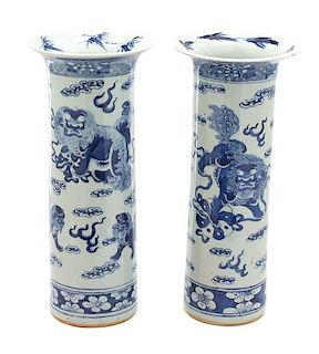 A Pair of Chinese Blue and White Porcelain Cylindrical Vases Height 17 1/2 inches.