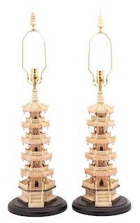 A Pair of Chinese Carved Bone Pagoda Tower-form Lamps Height overall 35 1/2 inches.