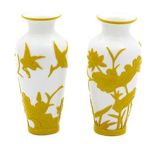 A Pair of Matched Chinese Yellow Over White Peking Glass Vases Height 10 inches.