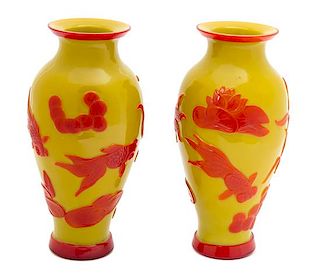 A Pair of Matched Red Over Mustard Yellow Ground Peking Glass Vases Height 10 inches.