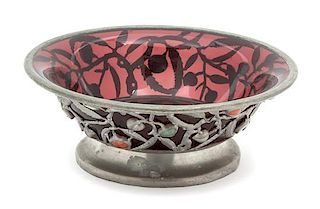 A Chinese Pewter Mounted Peking Glass Bowl Height 3 1/2 x diameter 9 1/4 inches.