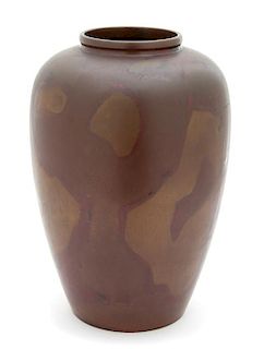 A Japanese Red and Brown Patinated Bronze Ovoid-form Vase Height 11 3/4 inches.