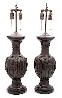 A Pair of Japanese Bronze Lobed Baluster-form Table Lamps Height 31 1/2 inches.