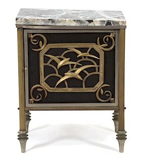 An Art Deco Brass and Steel Marble Top Night Stand Height 26 x width 20 1/2 x depth 12 1/2 inches.