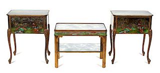Three Pieces of Painted Mirrored Furniture Side table, Height 27 1/2 x width 21 3/4 x depth 16 inches.