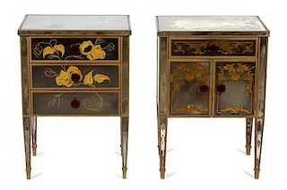 Two Venetian Style Reverse Painted Mirrored Side Cabinets Height 28 x width 20 x depth 15 inches.