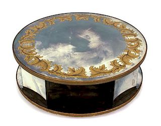 A Mid-Century Painted Mirrored Glass Circular Two-Tier Coffee Table Height 15 x diameter 34 inches.