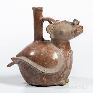 Chorrera Effigy Stirrup-spout Vessel, c. 800-400 BC, redware vessel depicting a mythical bird, with white slip-line highlights to face,