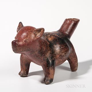 Colima Pottery Dog Vessel, Protoclassic, 100 BC- 250 AD, standing looking ahead with teeth bared, wide rounded belly, pointed ears and