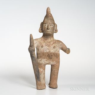 Large Colima Standing Figure, c. 100 BC-500 AD, standing erect, right hand holding a staff, left hand outstretched, with large piercing