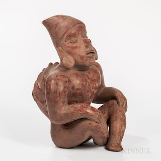Colima Hunchback Figure, Protoclassic, c. 100 BC-500 AD, seated and leaning forward with legs crossed and arms resting on his knees, di