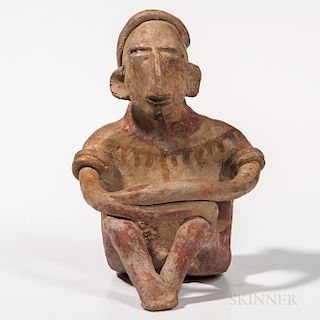 Jalisco Seated Male Figure, Protoclassic, c. 100 BC-250 AD, seated with long narrow arms resting on drawn-up knees, wearing a painted t