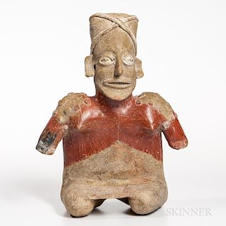 Jalisco Seated Female Figure, Protoclassic, c. 100 BC-250 AD, seated with legs apart, her diminutive arms held out below high broad sho