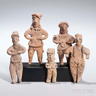 Five Nayarit Female Figures, c. 100 BC-250 AD, all standing, one holding a puppy, ht. to 6 in.