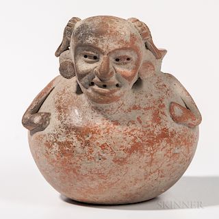Pre-Columbian Polychrome Terra-cotta Olla, Teotihuacan, Mexico, c. 350-550 AD, with attached anthropomorphic head with side hair tufts,