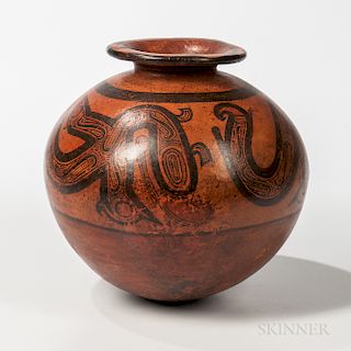 Cocle Polychrome Olla, Panama, Tonosi period, c. 300-550 AD, decorated with two intricately painted alligator motifs on a dark red-brow