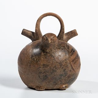 Calima Spouted Vessel, c. 300 BC-400 AD, the ovoid body with double spout and bridge handle, with bird head and feet at the front, and