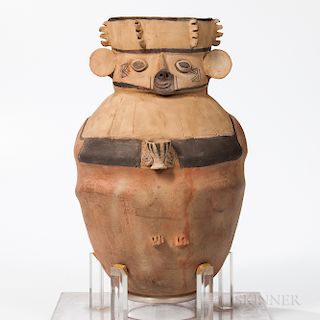 Large Chancay Amphora, c. 800-1200 AD, on a rounded base, the neck forming the head with prominent ears, the eyes, nose, and mouth in l