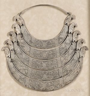 Zhen Feng Miao Necklace, early 20th century, metal necklace made up of five crescent sections elaborately engraved with floral and avia