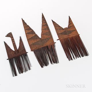 Three Ornamental Hair Combs from the Solomon Islands, 19th century, possibly Malaita Island, many segments of dried coconut-leaf midrib