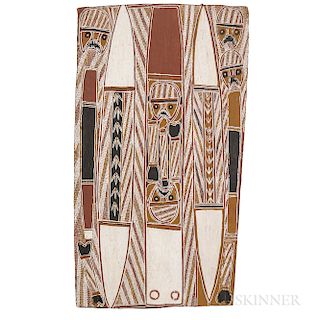 Aboriginal Bark Painting, attributed to George Milpurrupurru (1934-1998), c. late 1960s, "Dupan-Final Rites Ceremony," natural pigments
