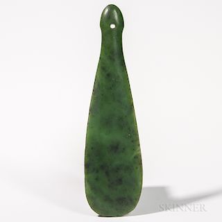 Maori Nephrite Hand Club, Patu, 19th century, the butt end pierced for wrist strap, smooth polished surface, lg. 14 in.Provenance: Dr.