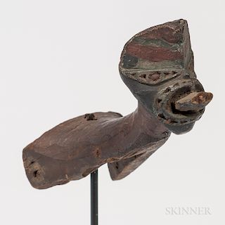 Model Canoe Prow Ornament, Maori, early 19th century, wood with traces of pigments, carved prow tiki figure, for a model canoe, pierced