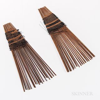 Two Tongan Hair Combs, Helu, 19th century, each consisting of a number of segments of dried coconut-leaf midrib, bound together by a de