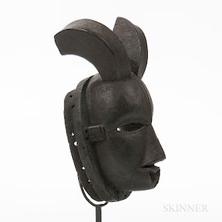 Ogoni Face Mask, Karikpo, pierced around the rim for attachments, with an open heart-shaped mouth, wide nose below large cutout eyes, c