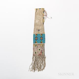 Lakota Beaded Hide Pipe Bag, fourth quarter 19th century, the soft hide bag beaded with geometric designs on blue background, with quil