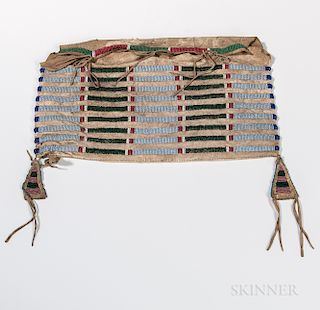 Crow Beaded Hide Possible Bag, fourth quarter 19th century, beaded on the front in a striped design, with two triangular beaded hide dr