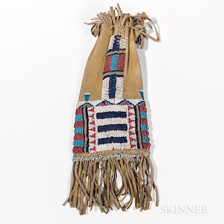 Cheyenne Beaded Hide Bag, fourth quarter 19th century, possibly made from a legging, beaded on both sides with a classic bar design, fr