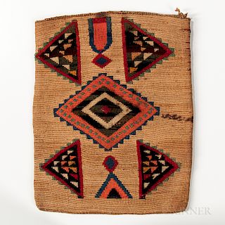 Plateau Cornhusk Bag, late 19th century, the natural fiber with geometric designs in colored yarns on both sides, 12 1/4 x 9 3/4 in.Pro