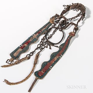 Southern Plains Bead-decorated Bridle, mid-19th century, headstall with two beaded leather attachments, remnants of the reins attached,