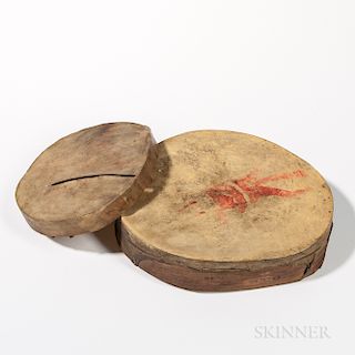 Two Plains Hand Drums, Potawatomi, Kansas, fourth quarter 19th century, hide stretched around bark frames with sinew strapping, traces