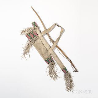Central Plains Beaded Hide Bow Case, Bow, and Quiver, c. early fourth quarter 19th century, detailed with four long fringe treatments a