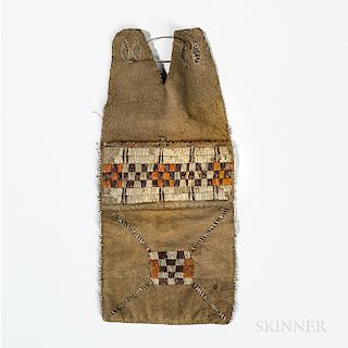 Great Lakes Quill-decorated Bag, mid-19th century, decorated with one panel of quillwork with square and cross motif below, edges with