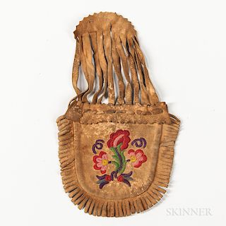 Great Lakes Decorated Puzzle Bag, late 19th century, deerskin with silk embroidered designs on both sides, 8 1/2 x 4 1/2 in.Provenance: