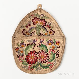 Northeast Deerskin and Silk Wall Bag, 19th century, decorated with silk embroidered floral motifs, 9 1/2 x 7 1/2 in. Provenance: Deacce
