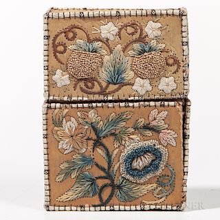 Northeast Moose Hair-embroidered Birch Bark Card Case, Huron, c. third quarter 19th century, decorated with foliate designs on both sid