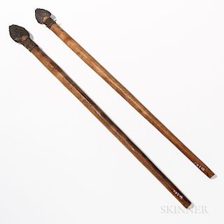 Two Flint-tipped Siberian Arrows, 19th century, wooden shaft with wrapped flint points, one has inscription in ink "stone arrow...Siber