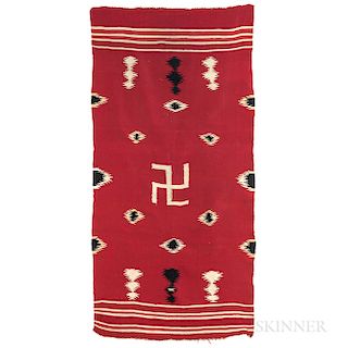 Chimayo Wearing Blanket, c. 1880s, hand-spun wool, red background with black, light red, and natural colored lines and designs with cen