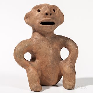 Cochiti Pottery Figure, late 19th century, sitting figure with hands on knees, inventory number "MR 802" painted on bottom of figure, h