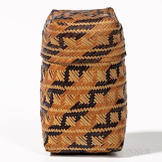 Southeast Double-weave Twill-plaited Lidded Basket, Chitimacha, early 20th century, carba or square-cornered covered basket, rivercane