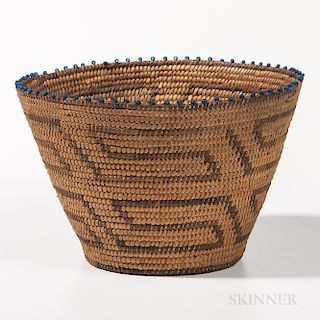 Southwest Polychrome Basket with Beads, Pima, late 19th century, rim decorated with glass beads, museum label on the bottom: "MR 802 v.