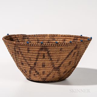 Pima Coiled Basketry Bowl, c. late 19th century, flat bottom, the flared-sided form with linked diamond design, rim decorated with larg