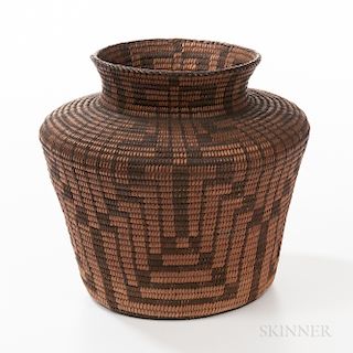 Southwest Basketry Olla, Tohono O'odham, c. 1900, decorated with an intricate geometric design, ht. 9, wd. 9 1/4 in.Provenance: Deacce