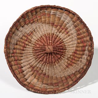 Southwest Plaited Wicker Tray, Hopi, late 19th century, with white kaolin clay and natural dye design, ht. 1 3/4, dia. 11 1/2 in. Prove