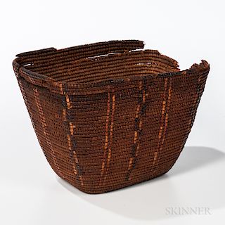 Northwest Coast Imbricated Basket, Salish, late 19th century, with museum inventory label on the bottom: "MR 802," ht. 7 1/2, wd. 11 1/