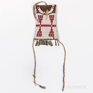 Southwest Beaded Hide Strike-a-Lite Pouch, Sioux, c. fourth quarter 19th century, on commercial leather, beaded on the front and flap w
